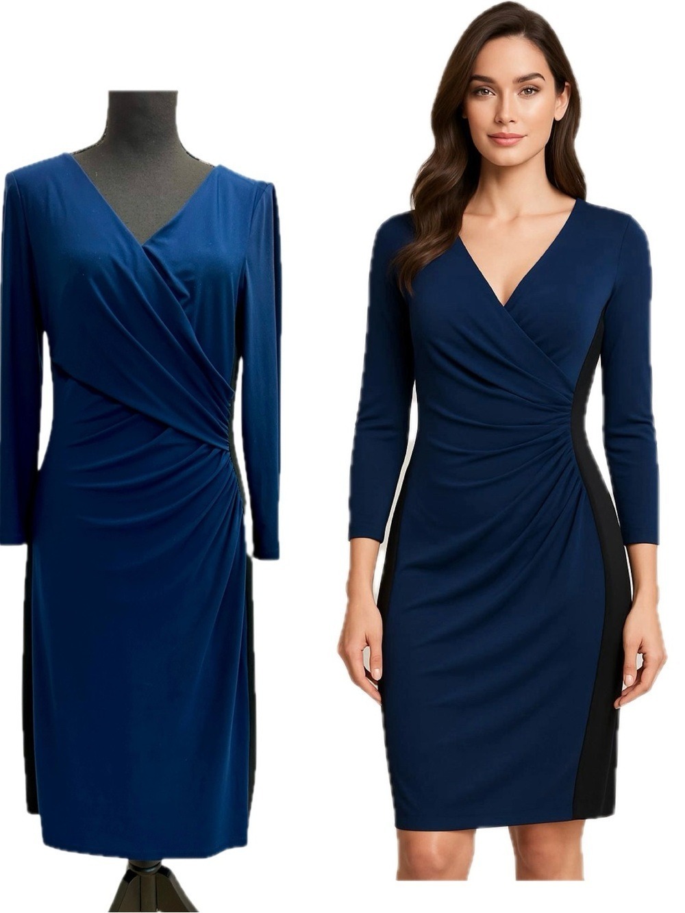 Ralph Lauren Navy Blue Faux-Wrap V-neck Dress black Side Panel bodycon cocktail